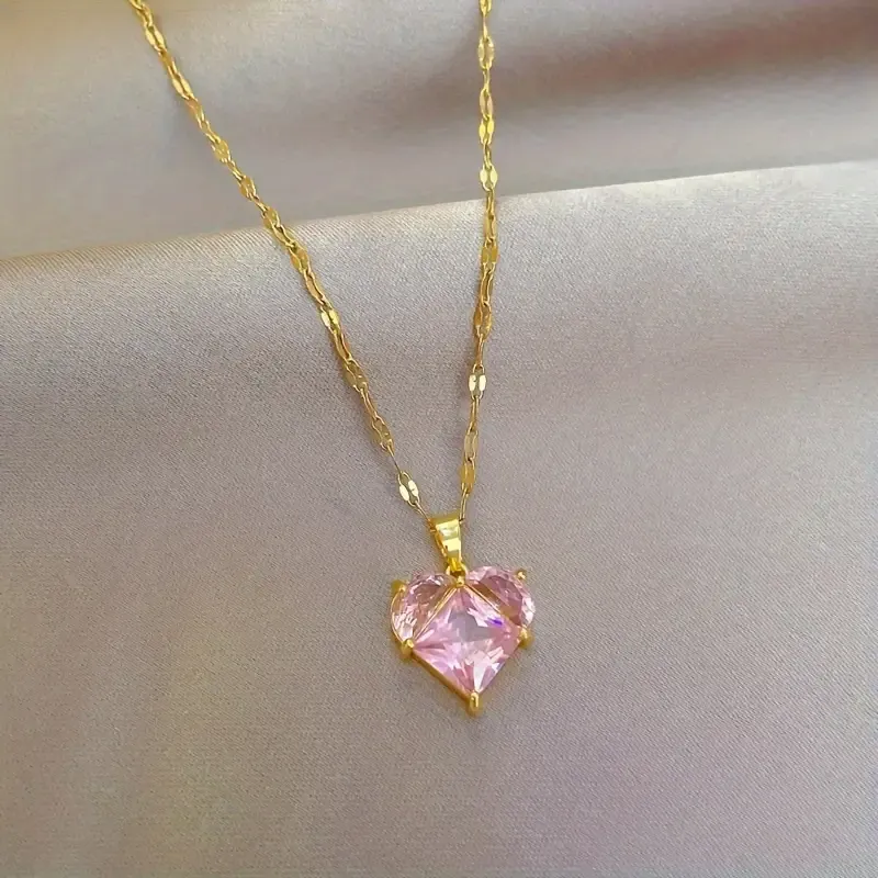 Elegant Simple Style Pink Heart-Shaped zirconia Pendant Necklace With Stainless Steel Chain For Women