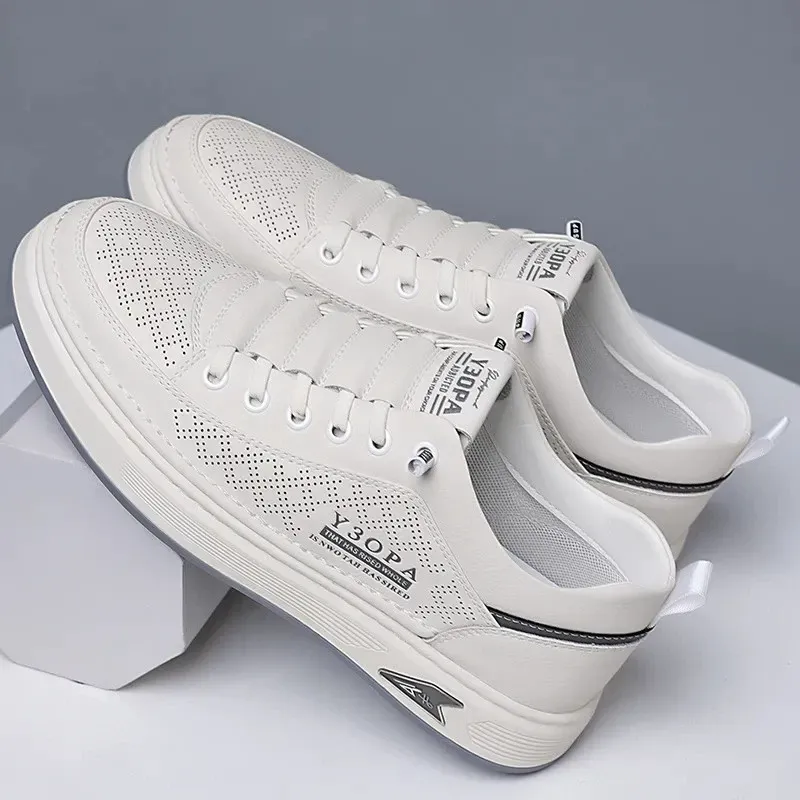 Soft leather casual sneakers for men, fashionable soft surface, breathable, white sneakers