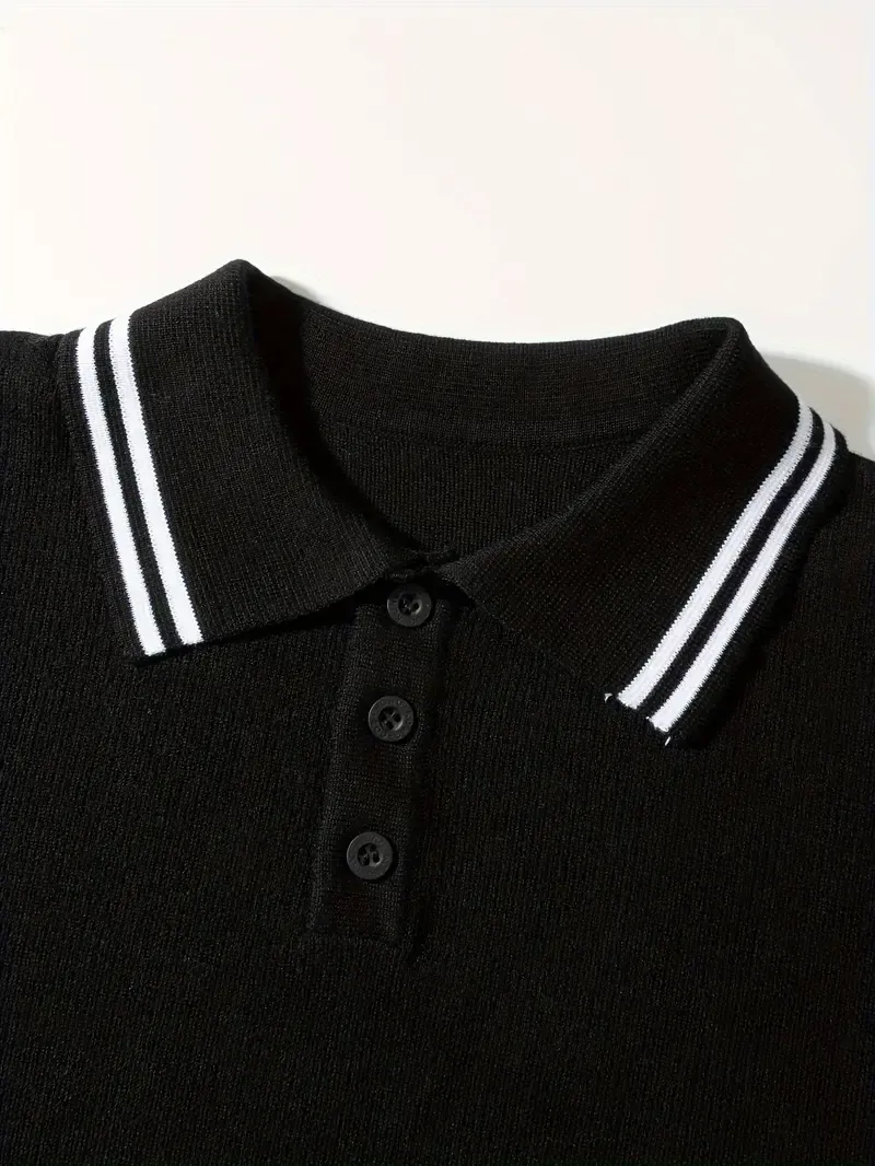 Men's Summer Short Sleeve Lapel Sweater T-shirt, Stripes Pattern Casual Trendy Clothes As Gift