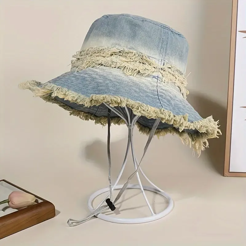 Summer Frayed Edge Vintage Washed Denim Bucket Hat Unisex Fashion Sun Protection with Gradient Design, 100% Cotton Inelastic Material, Woven Craftsmanship