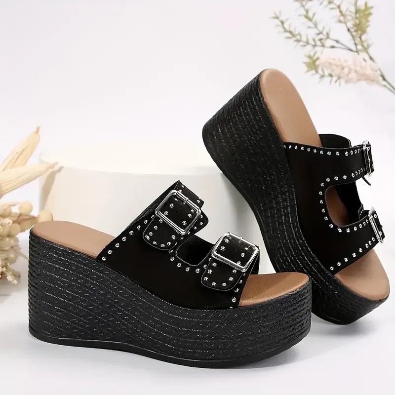 Women's Double Buckle Bands Sandals, Platform Studded Slip On Walking Shoes, Comfort Wedge Vacation Shoes