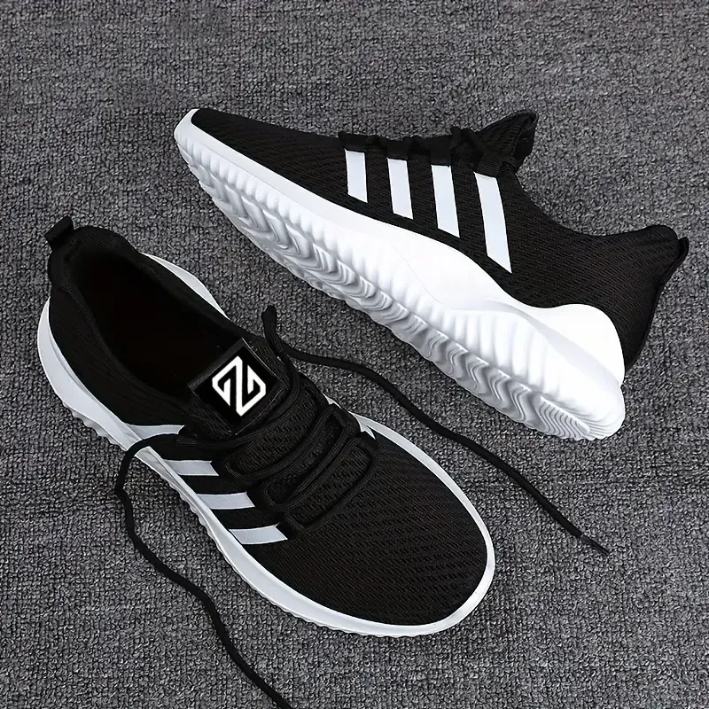 Men's Trendy Solid Colour Striped Woven Knit Breathable Running Shoes, Comfy Non Slip Lace Up Durable Sneakers For Men's Outdoor Activities