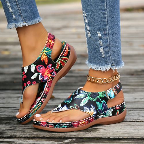 Herringbone sandals for women 2024 new ethnic style embroidered flowers back strap wedge sandals