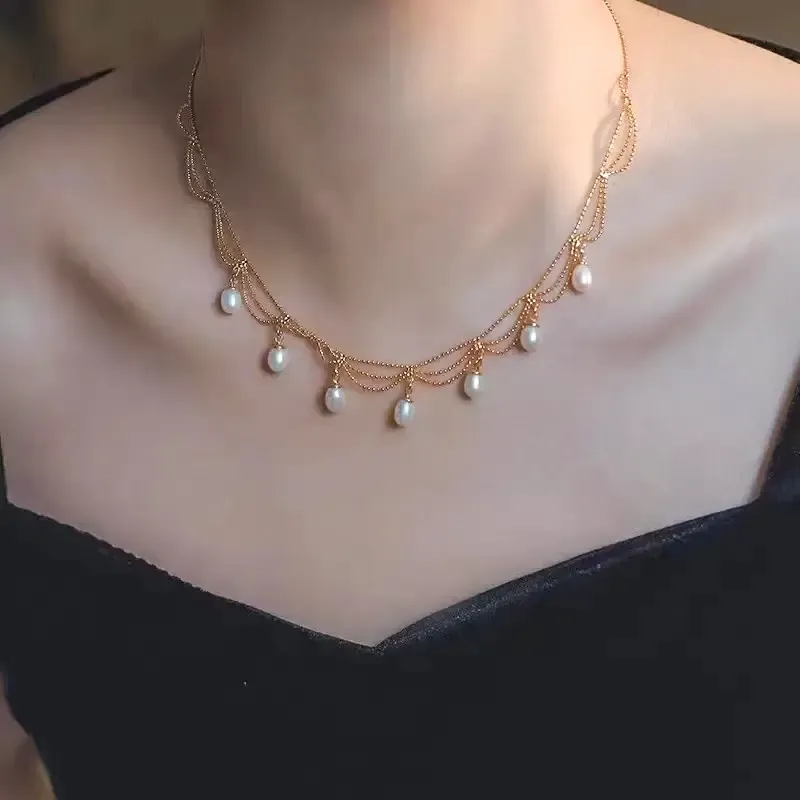 1pc Elegant Freshwater Pearl Clavicle Chain, Simple Lace Retro Tassel Design Necklace for Daily Wear