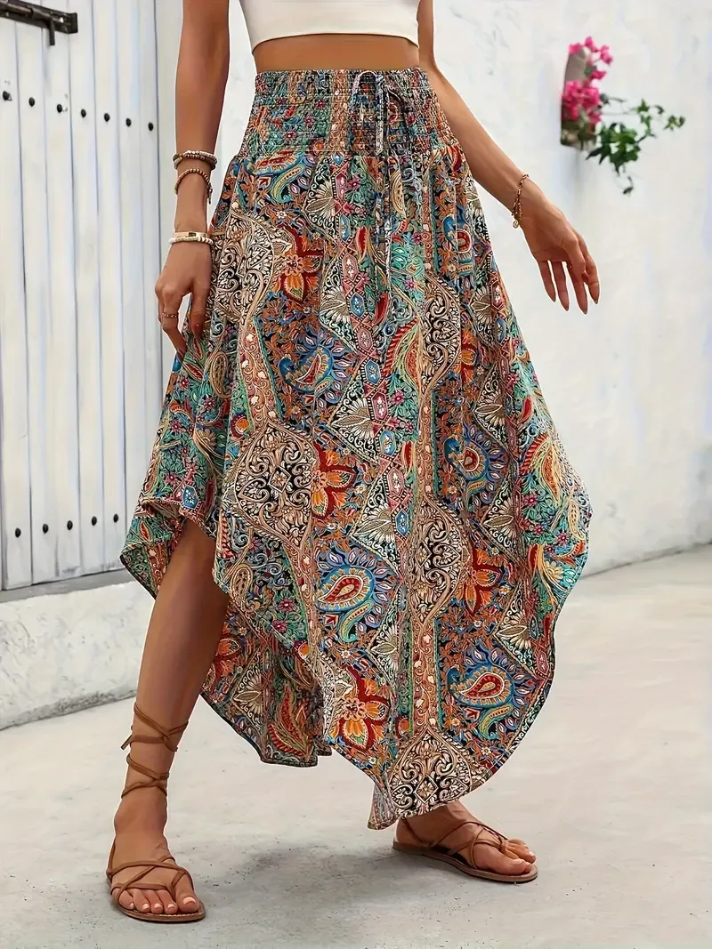 Paisley Print Shirred Waist Skirt, Boho High Waist Curved Hem A-line Tie Skirt For Spring & Summer, Women's Clothing