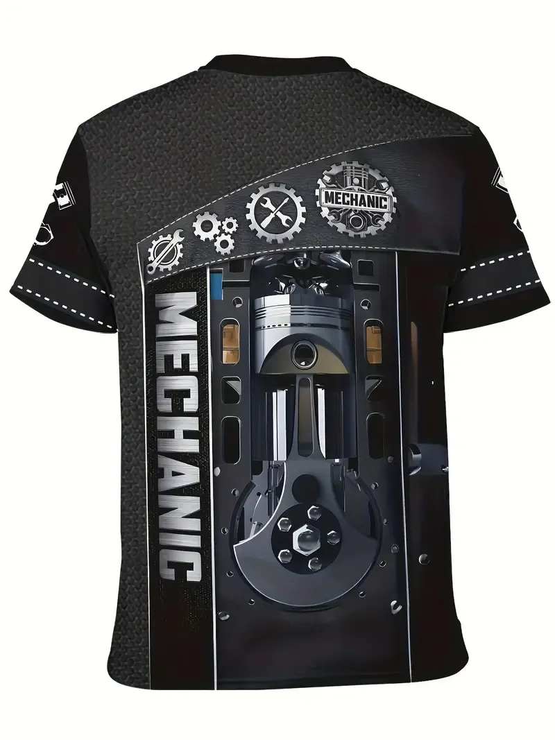 Mechanic Themed 3D Graphic Print Men's Novelty Short Sleeve Crew Neck T-shirt, Summer Outdoor