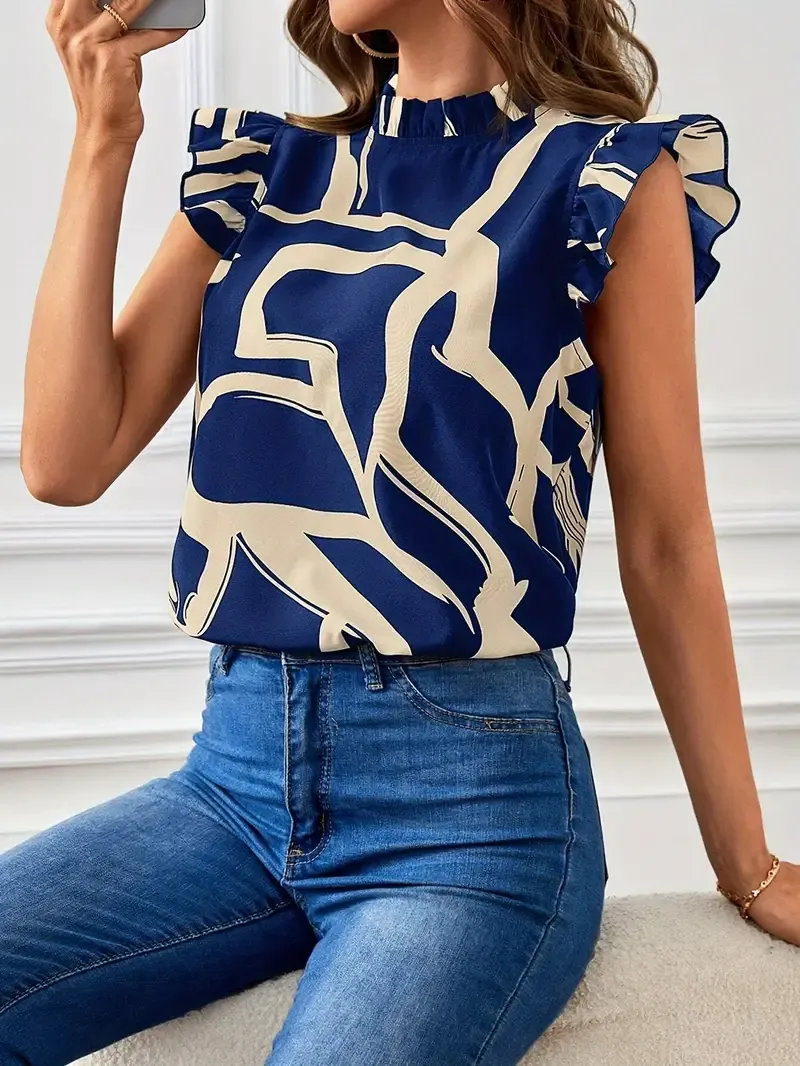 Graphic Print Mock Neck Blouse, Elegant Flutter Sleeve Keyhole Back Blouse For Spring & Summer, Women's Clothing