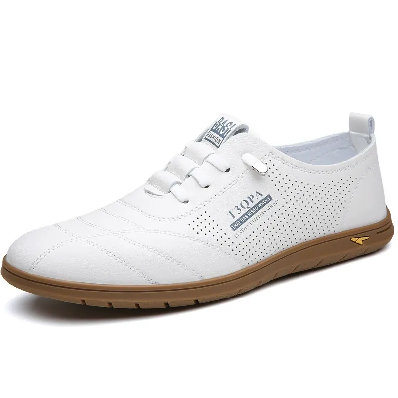 Leather men's one-piece open-toe casual white shoes
