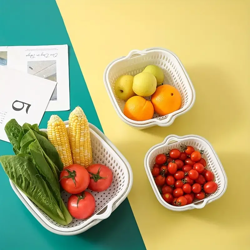 6-Piece Double-Layer Plastic Draining Basket Set - Multifunctional Kitchen Strainers for Vegetables, Fruits, Snacks | Nestable Colanders with Drip Basin | Stackable Food Prep & Storage Containers