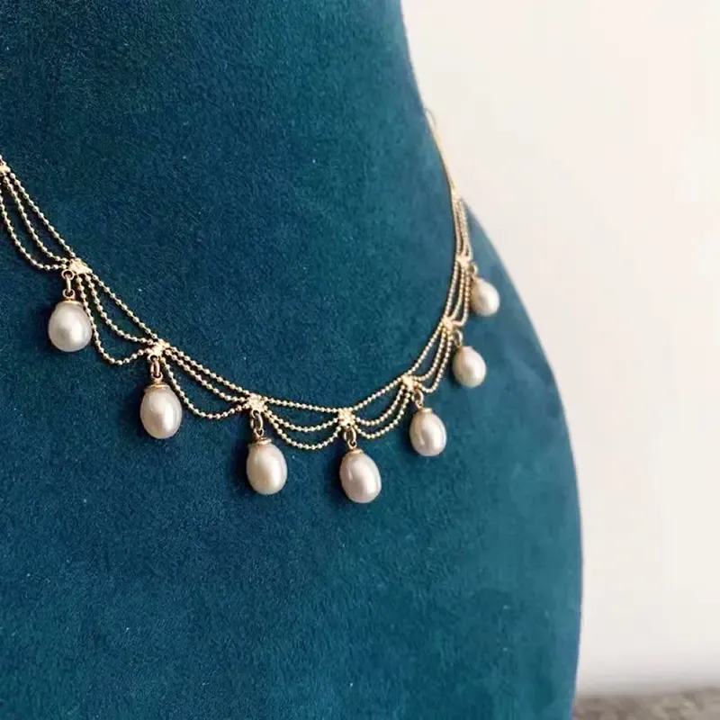 1pc Elegant Freshwater Pearl Clavicle Chain, Simple Lace Retro Tassel Design Necklace for Daily Wear