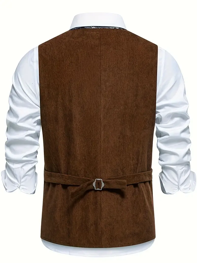 Men's Retro Embroidered Corduroy Vest, Button-Down V-Neck Waistcoat