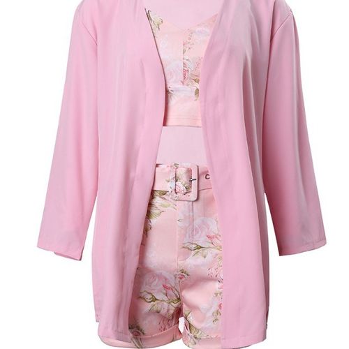 Three-Piece Elegant Outfit Set - V-Neck Crop Top