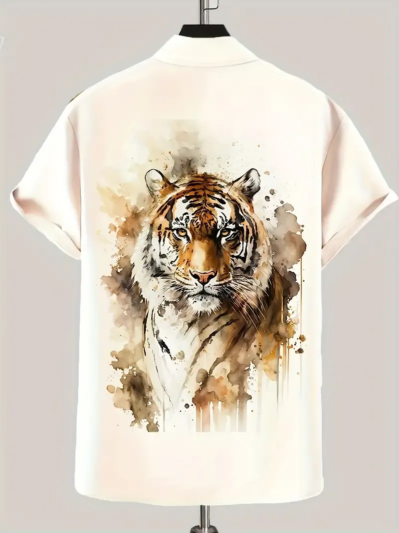 Painting Tiger Pattern Men's Vintage Short Sleeve Button Down Shirt, Men's Leisurewear For Summer Holiday