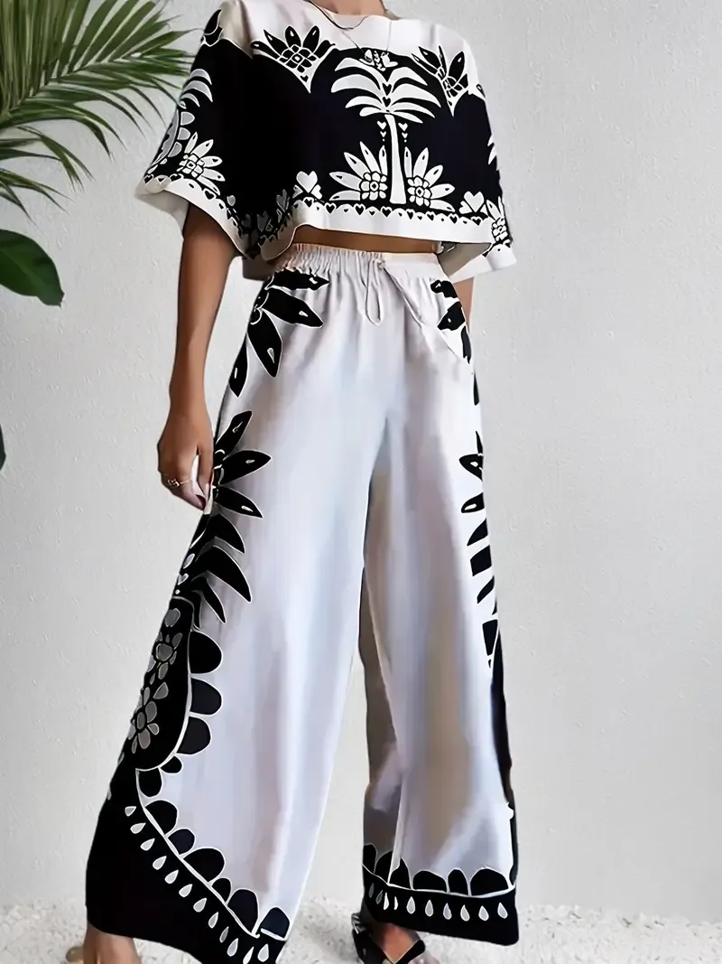 Floral Print Casual Pantsuits, Half Sleeve Crew Neck Crop Top & High Waist Wide Leg Pants Outfits, Women's Clothing