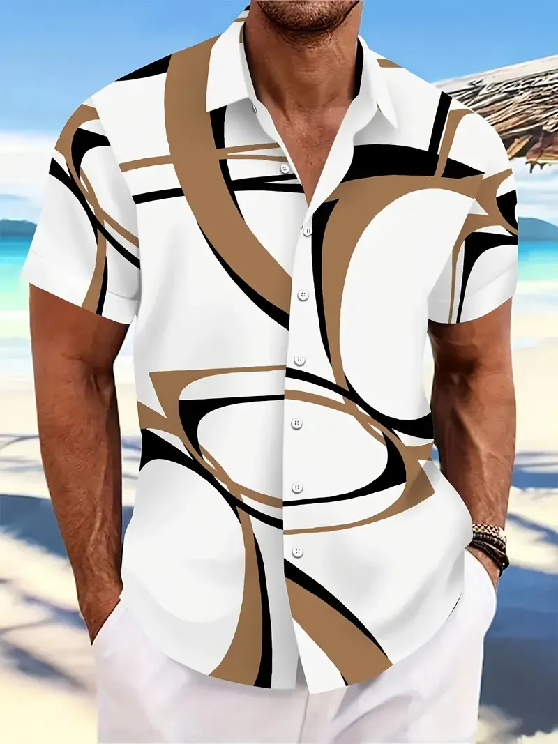 Men's Creative Alphabet Print Short Sleeve Lapel Shirt Top, Casual Button Up Shirt For Summer Daily Wear And Vacation Resorts