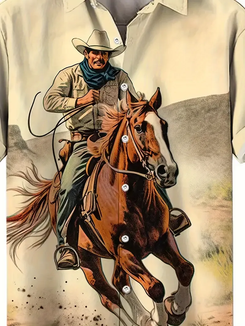 Anime Western Cowboy Pattern Men's Short Sleeve Button Down Shirt, Summer Resort Vacation, Special Gift