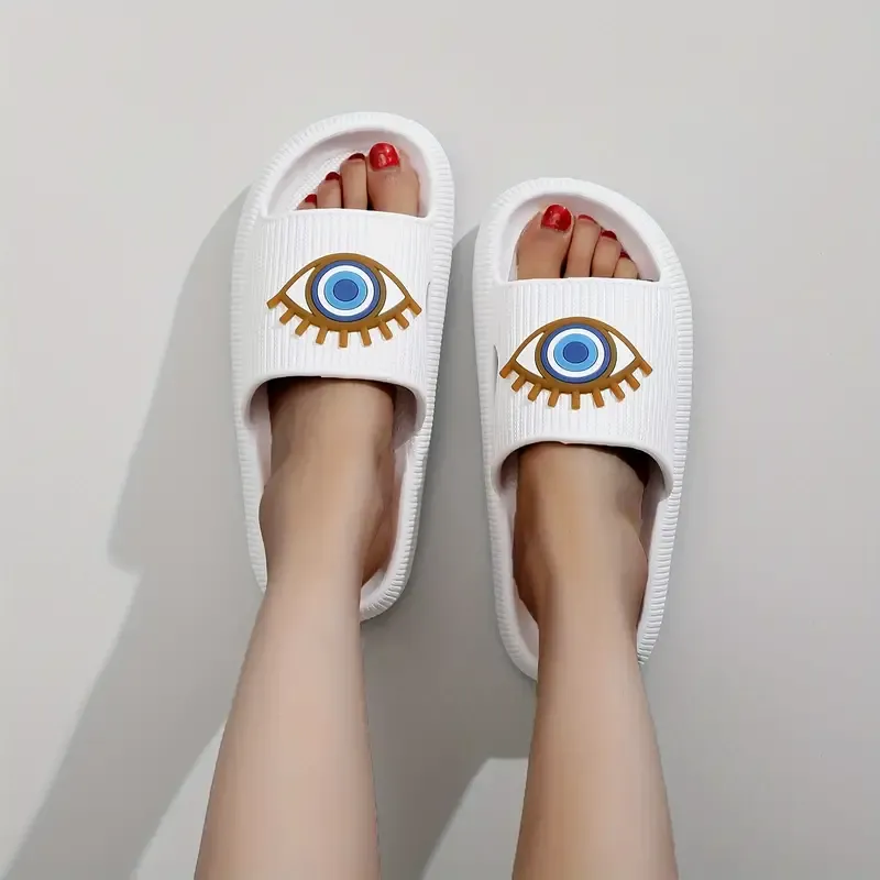 Women's Demon Eye Design Slides, Casual Open Toe Soft Sole Shoes, Comfortable Indoor Home Bathroom Slides