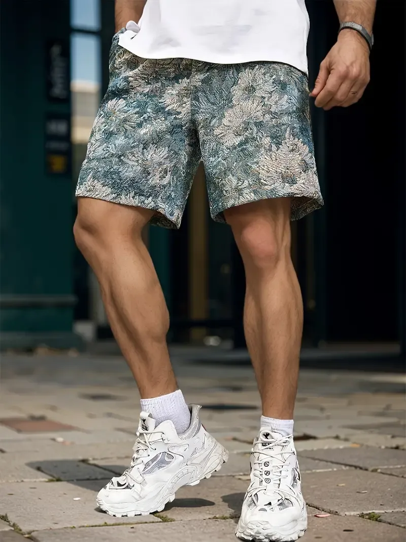 Men's Casual Loose Fit Denim Shorts, Floral Print Knee-Length With Drawstring