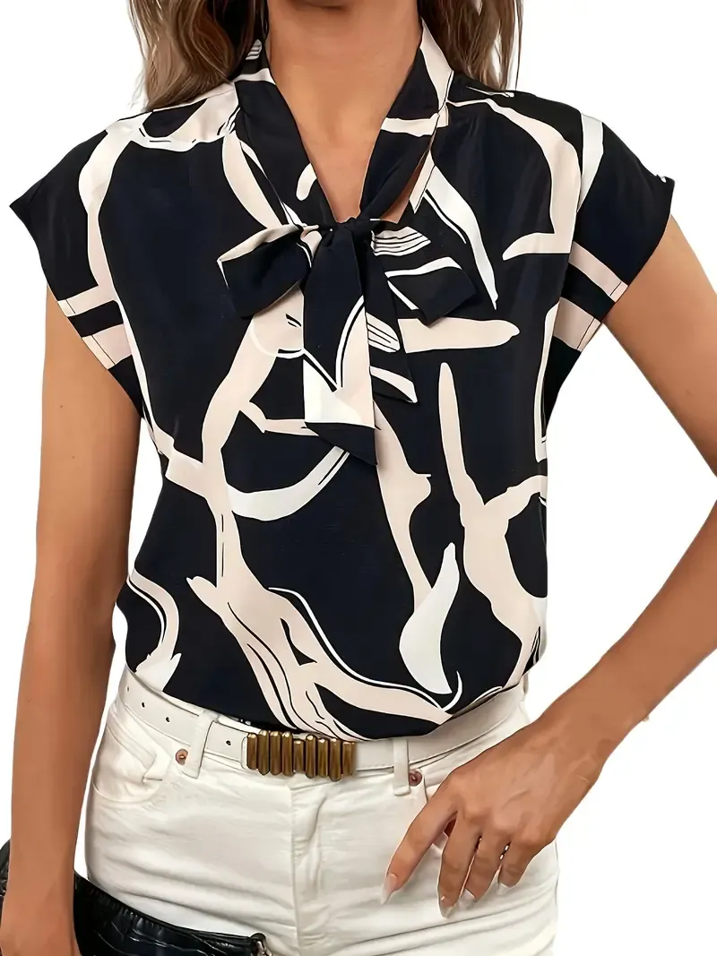 Allover Print V Neck Blouse, Elegant Short Sleeve Tie Front Top For Spring & Summer, Women's Clothing