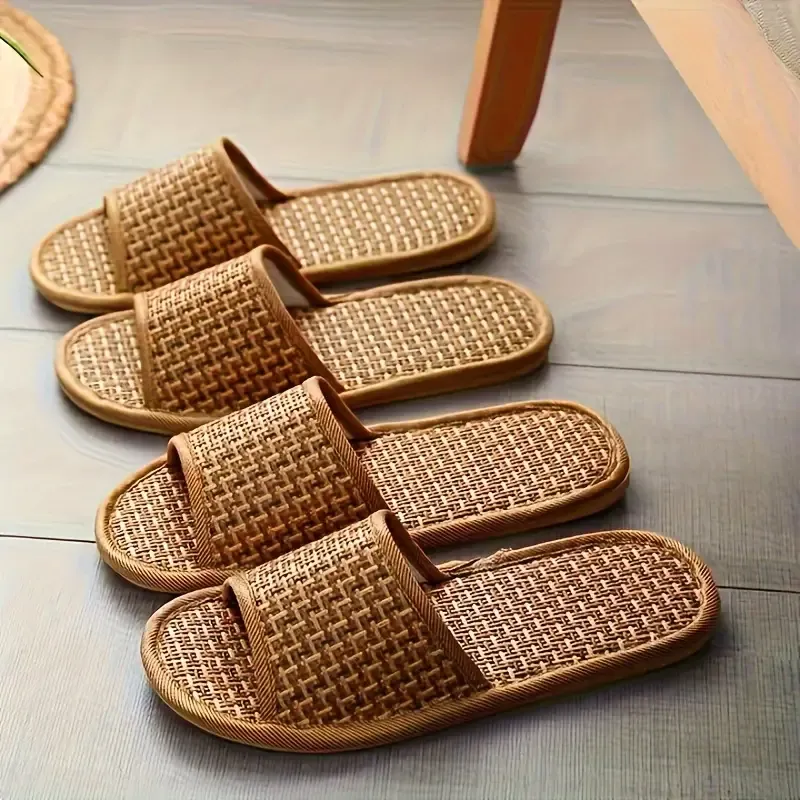 2pcs Breathable Bamboo Woven Grass Slippers, Casual Open Toe Flat Summer Shoes, Comfortable Indoor Home Slippers