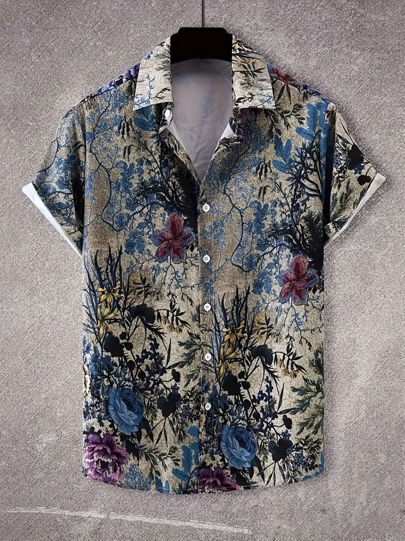 Vintage Style Men's Floral Allover Print Short Sleeve Lapel Shirt Top, Male Casual Button Up Shirt For Daily And Vacation Resorts