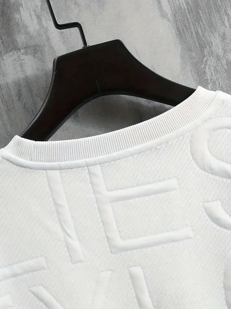 Short Sleeve Solid Color Men's Crew Neck T-shirt, Letter Pattern Textured And Knit, Comfy Tees For Summer Daily Wear, Trendy And Chic Tops