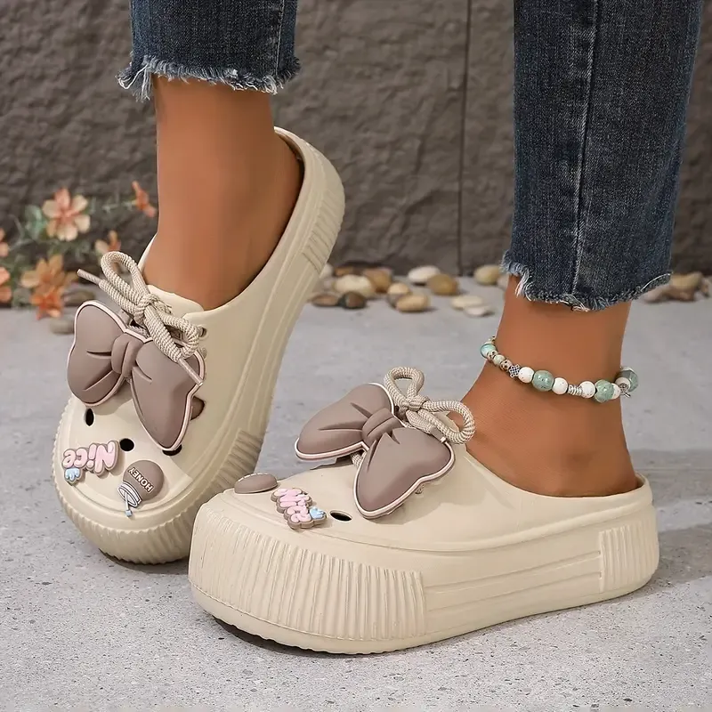 Women's PVC Cute Diy Clogs, Platform Lace Up Soft Sole Bowknot Decor Shoes, Closed Toe Summer Beach & Garden Mules