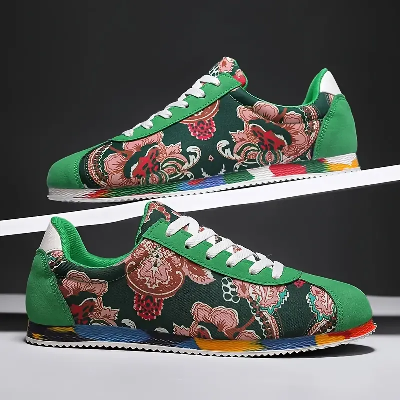 Men's Ethnic Style Floral Pattern Sneakers, Comfy Non Slip Durable Lace Up Vintage Shoes, Men's Footwear