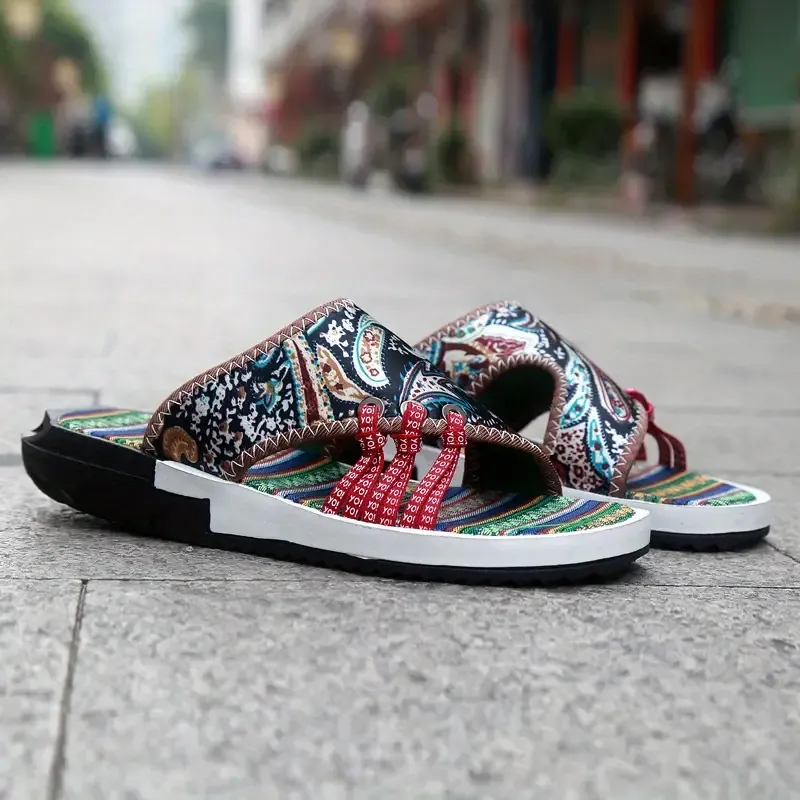 Men's Creative Sneakers Pattern Design Canvas Slides, Casual Non Slip Open Toe Slippers For Indoor Outdoor Walking, Beach Shoes For Spring And Summer