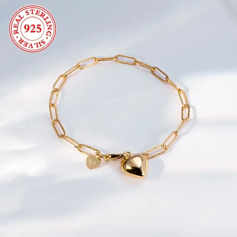 1pc S925 Sterling Silver Chain Bracelet,  Rectangle Pin & Heart Charm, Fashion Vintage Simple Style