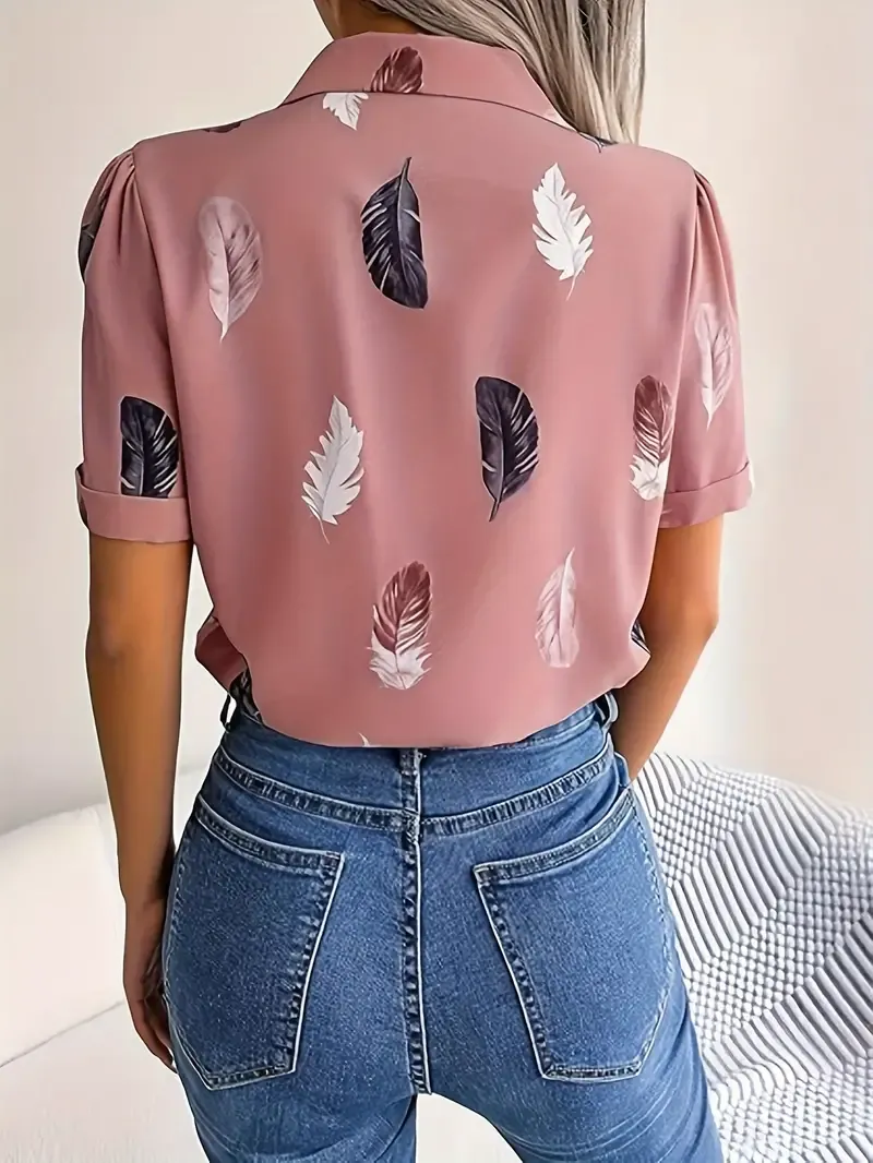 Feather Print Button Front Blouse, Casual Notched Collar Short Sleeve Top For Spring & Summer, Women's Clothing