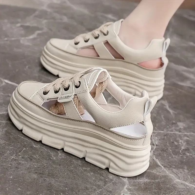 Women's Cutout Design Platform Sneakers, Casual Lace Up Outdoor Shoes, Comfortable Low Top Shoes