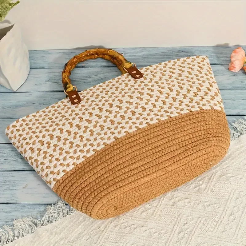 Women's Woven Bamboo Tote Bag, Retro Leopard Print Beach Vacation Casual Travel Handbag With Zipper Closure, Beige And White