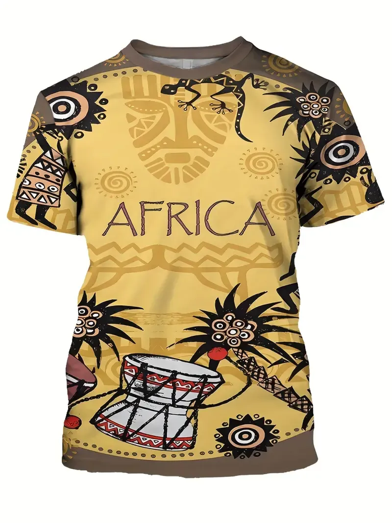 AFRICA Themed 3D Ethnic Pattern Print Men's Crew Neck Short