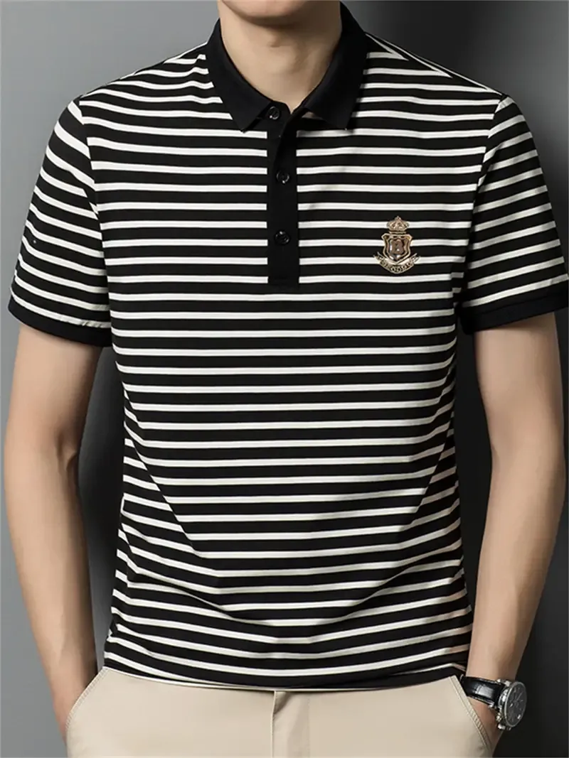 Men's B Embroidery Graphic Print Striped Golf Shirt, Casual Short Sleeve Lapel Shirt For Summer Outdoor