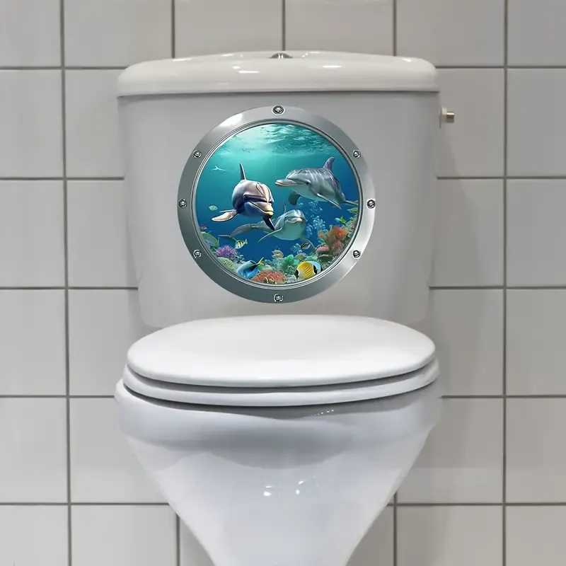 1 pcs  Ocean World Porthole Toilet Tank Decal, Underwater Sea Life Sticker for Bathroom, Wall Mural Creation, Indoor Decorative Accessory, Plastic, No Electricity Needed