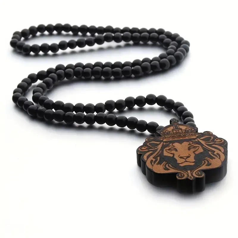 Cool Wood Lion King Beaded Chain Necklace, With Laser Carved Natural Wooden Pendant, Hip-hop Collar Accessories Awesome Gift