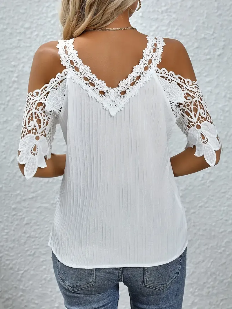 Contrast Lace Cold Shoulder Blouse, Elegant V Neck Solid Short Sleeve Blouse, Women's Clothing