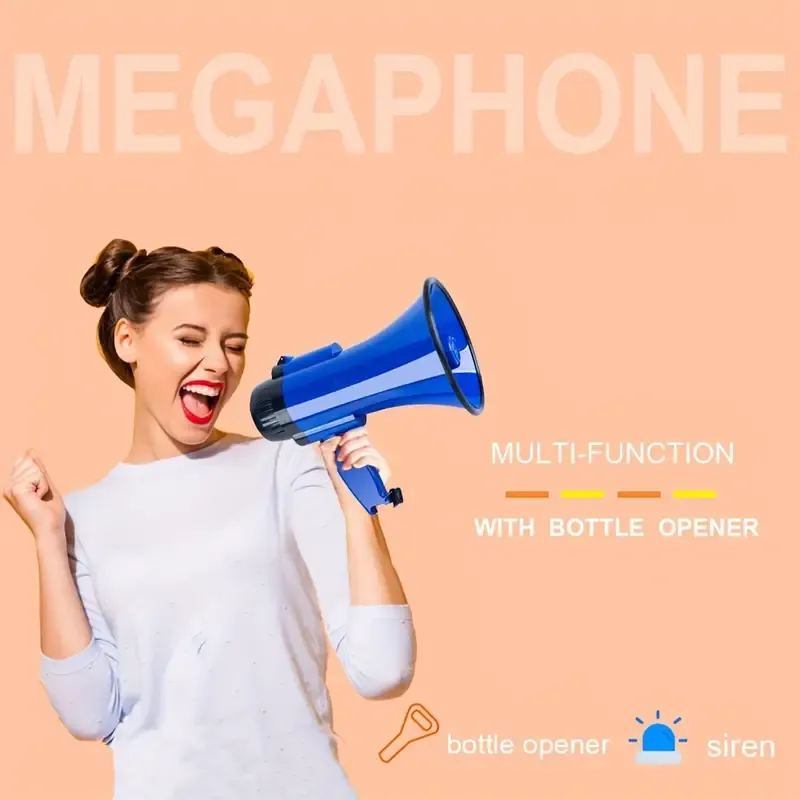 30 Watt Portable Bullhorn Megaphone Speaker with Voice, Siren Alarm, 240S Recording, Adjustable Handle, Bottle Opener, Volume Control, Strap - Battery Powered ABS Material, Operating Voltage ≤36V