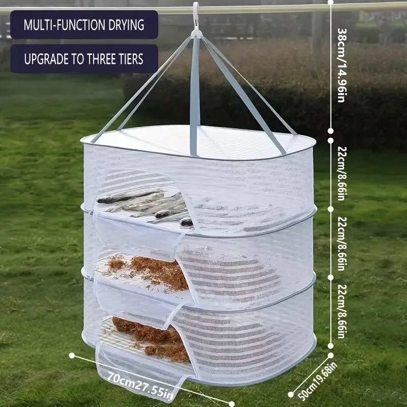3-Tier Deluxe Mesh Drying Rack - Space-Saving, Easy Clean, Durable & Breathable Hanging Net Bag for Herbs, Fruits, Vegetables - Ideal for Kitchen Countertops, Pantries & Gardens