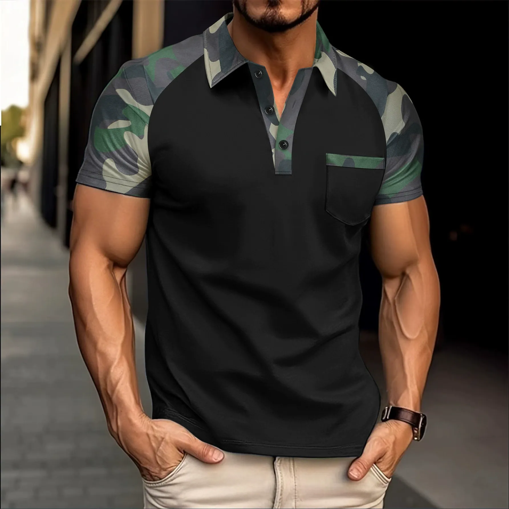 Outdoor camouflage multi-color men's polo shirt with collar and pocket buttons
