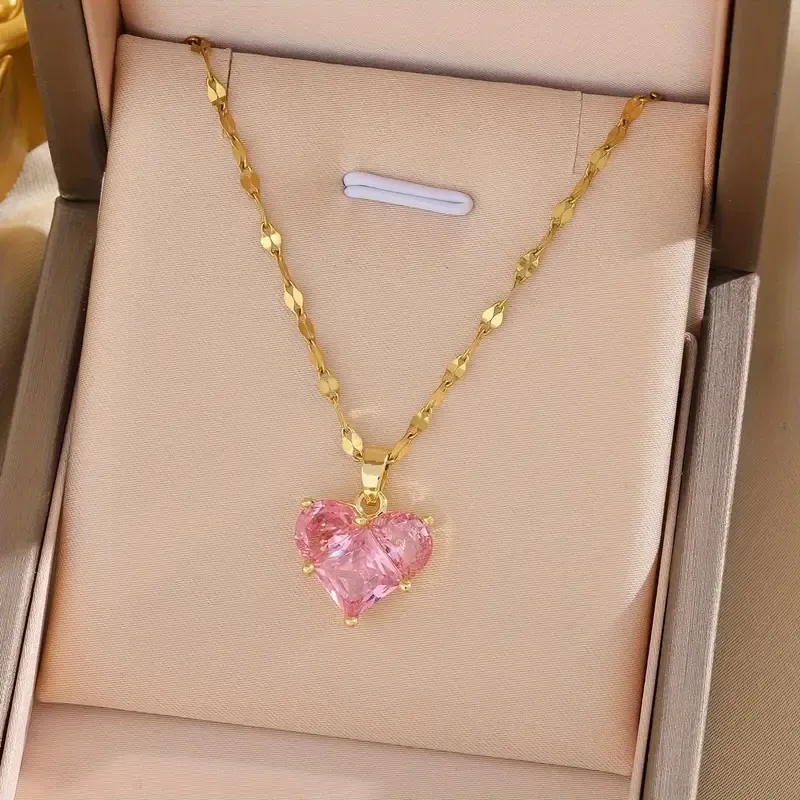 Elegant Simple Style Pink Heart-Shaped zirconia Pendant Necklace With Stainless Steel Chain For Women