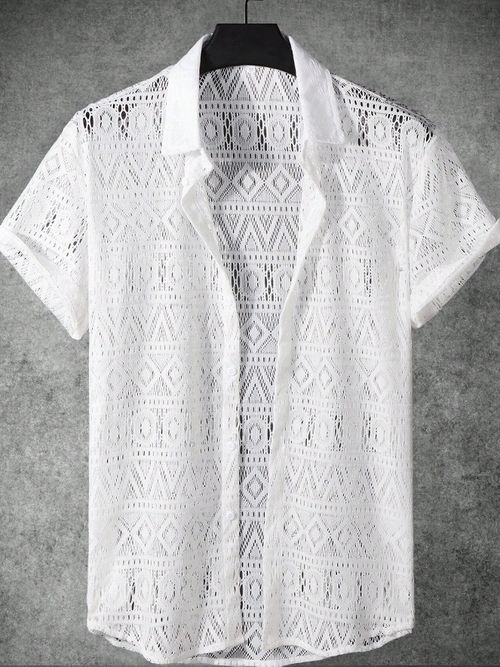 Men's Solid And Geometric Graphic Pattern Short Sleeve Button Up Lapel Shirt Wit Hollow Fabric, Comfy And Breathable Trendy Tops For Summer Outdoors Leisurewear