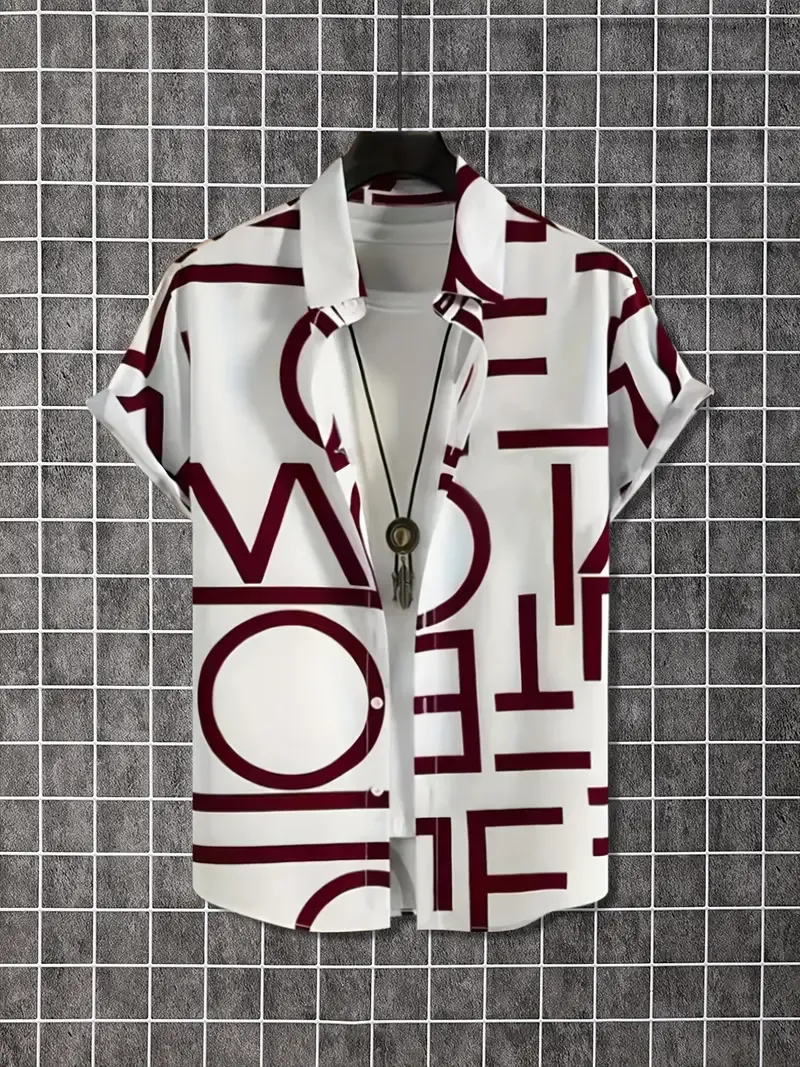 Designed Letter Pattern Men's Fashionable And Simple Short Sleeve Button Casual Lapel Shirt, Trendy And Versatile, Suitable For Summer Dates, Beach Holiday, As Gifts, Men's Clothing
