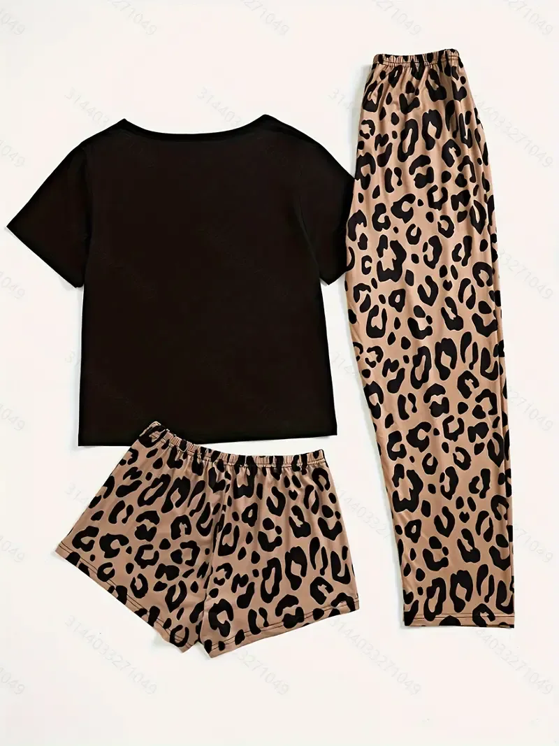 Women's casual leopard print pajamas with lip graphics, crew collar, short sleeve - polyester knit fabric, 95% polyester 5% elastic, 3 piece set T-shirt, shorts and pants, comfortable clothing for adults for all seasons