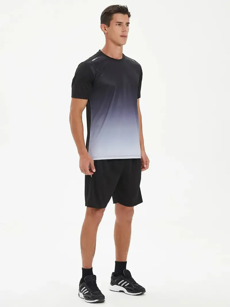 Men's Quick-Dry Gradient Sports Set - 2pcs, Short Sleeve T-Shirt & Shorts for Running, Fitness & Casual Wear