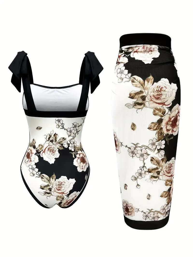 Floral Pattern 2 Piece Swimsuits, Bow Tie Shoulder Straps One-piece Bathing-suit & Cover Up Skirt, Women's Swimwear & Clothing