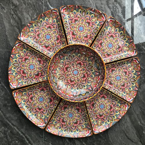 8pcs  Bohemian Reunion Platter Tableware Combination Home Use Plate Ceramic Bowl Set New Year Round Table Dinner Plate 25.4 cm