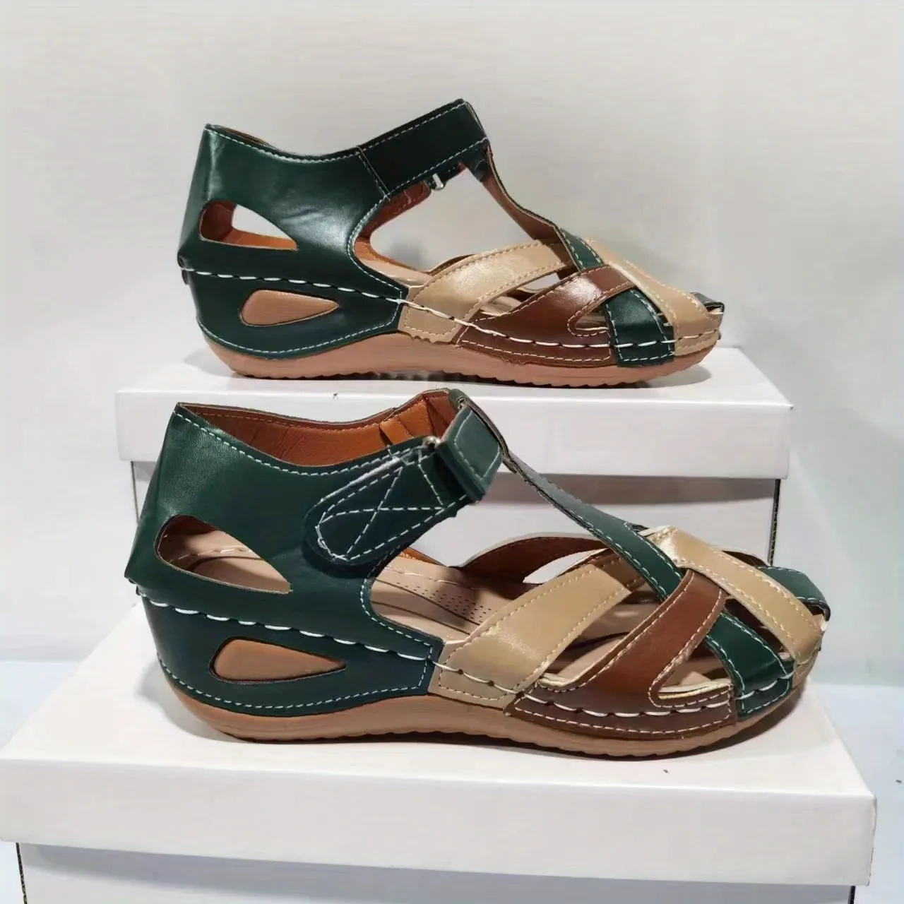 Retro round toe wedge and women's Roman shoes with cross-buckle women's sandals