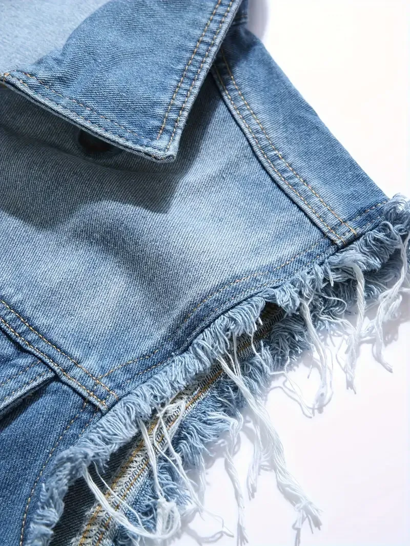 Men's Casual Button Up Lapel Collar Denim Vest Jacket With Breasted Pockets And Frayed And Distressed Pieces, Trendy And Stylish Tops For Summer Street Wear